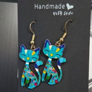 Handmade Blue Cat Earrings
